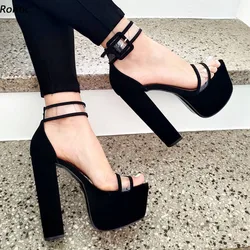 Rontic Handmade Women Platform Sandals Faux Suede Ankle Strap Buckle Chunky Heel Open Toe Elegant Black Party Shoes US Size 5-20