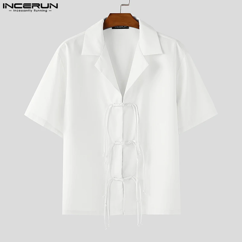 

INCERUN Мужская рубашка с однотонными лацканами и короткими рукавами на пуговицах, мужские топы, уличная одежда, летние свободные модные мужские рубашки 2025 года