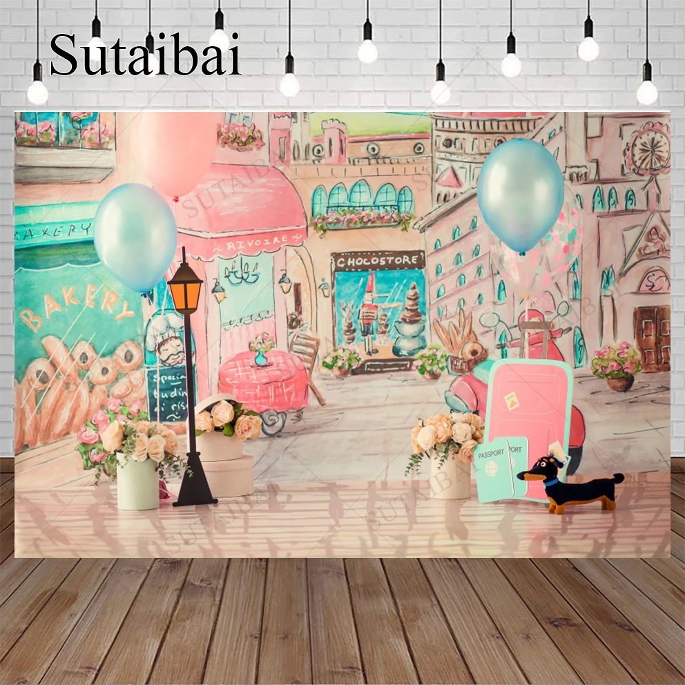 

Photo Backdrop Cartoon Street Balloons Decorate Supplies House Building Child Happy Sweet Photocall Family Portrait Photo Studio