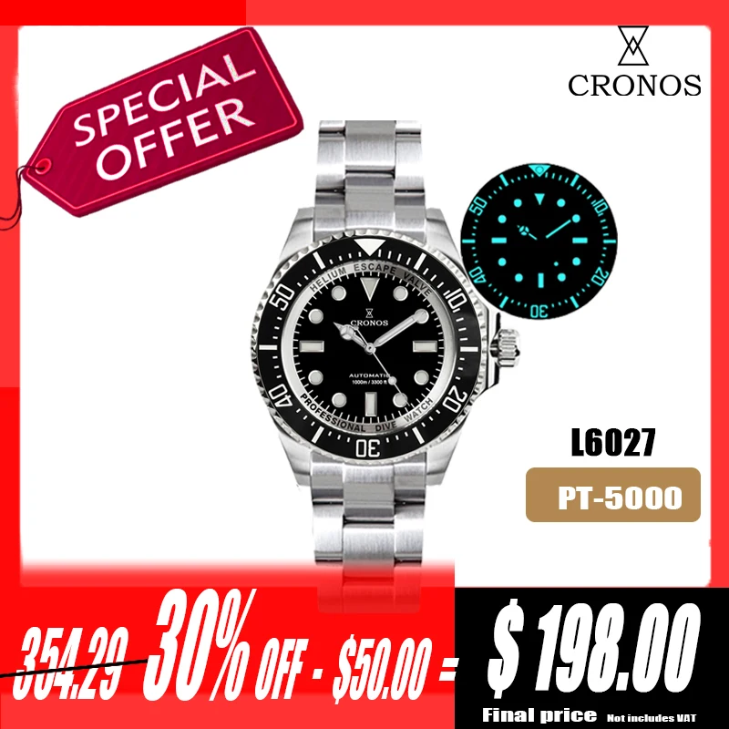 Cronos Automatic Diving Watch Stainless Steel 2000 Meters Water Resistance Professional Diver PT5000 SW200 L6027M