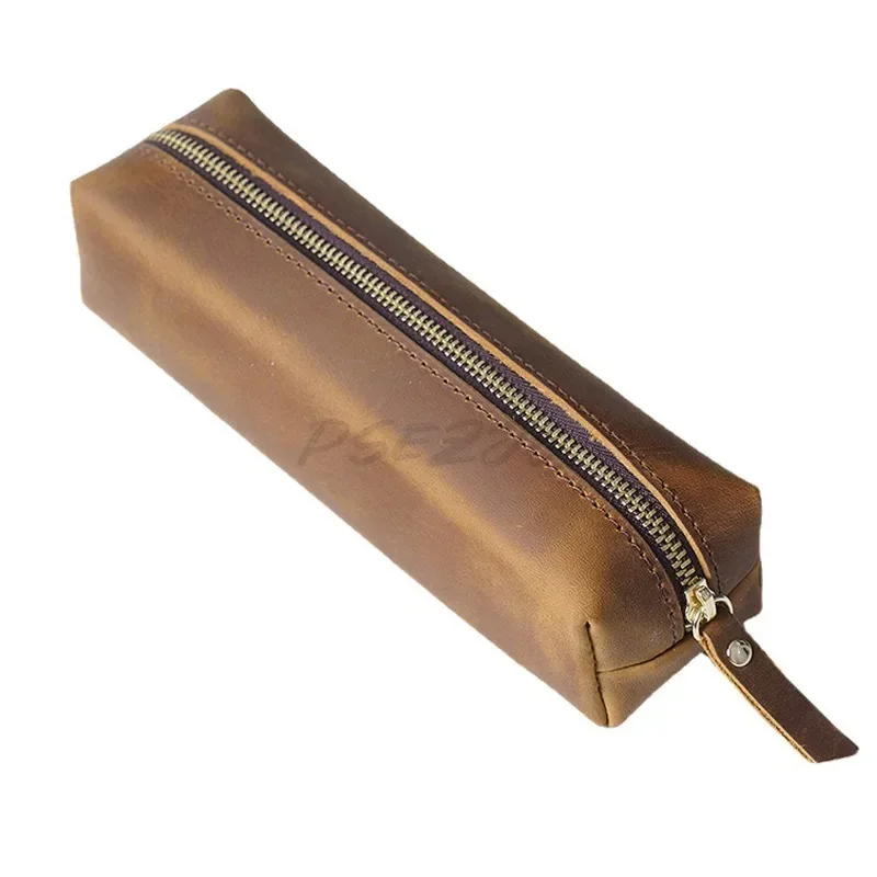 Handmade Leather Zipper Pencil Case Office Student Pen Storage Box Simple Large Capacity Stationery Bag