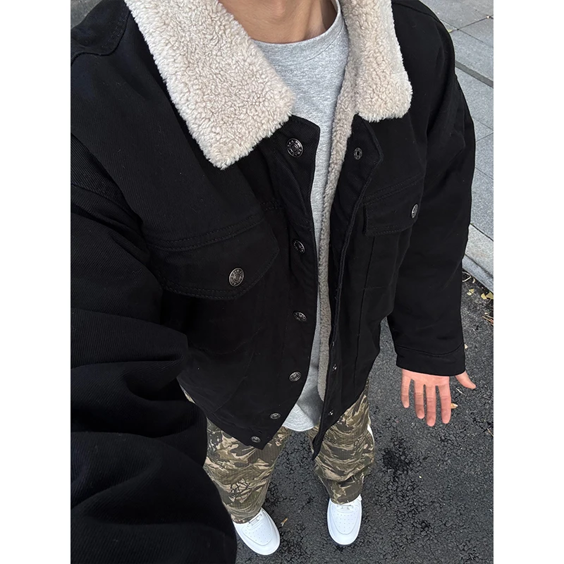 

Мужская джинсовая куртка с подкладкой из овечьей шерсти, осенне-зимняя, в американском уличном стиле, рабочая одежда, хлопковая куртка с отложным воротником, стильное пальто