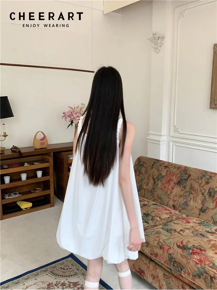 CHEERART White Bud Square Neck Youth Casual Dress per le donne prendisole senza maniche Solid Short Dress Summer Fashion Clothing