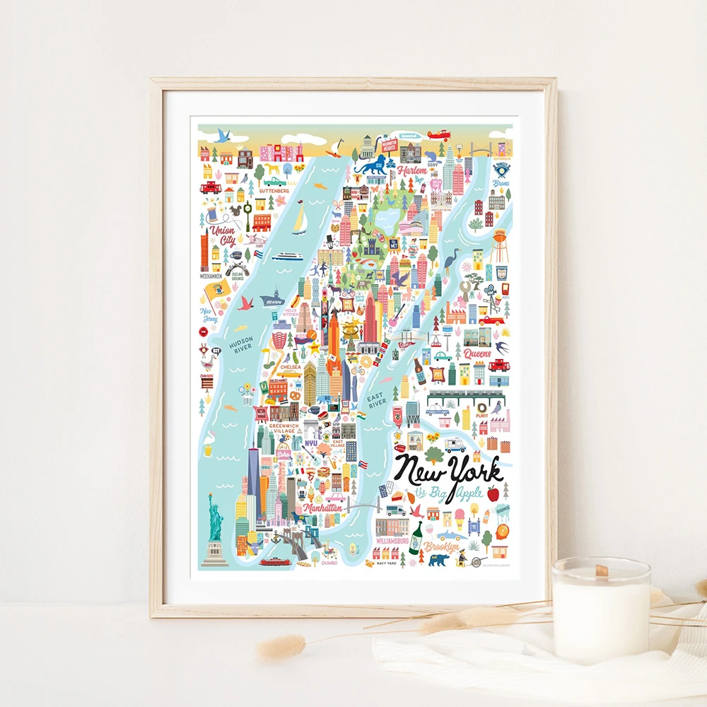 Póster artístico de pared con mapa de manzana de Manhattan de Nueva York, decoración, ilustración caprichosa, impresión de moda, pintura de ciudad de dibujos animados, lienzo para habitación y hogar