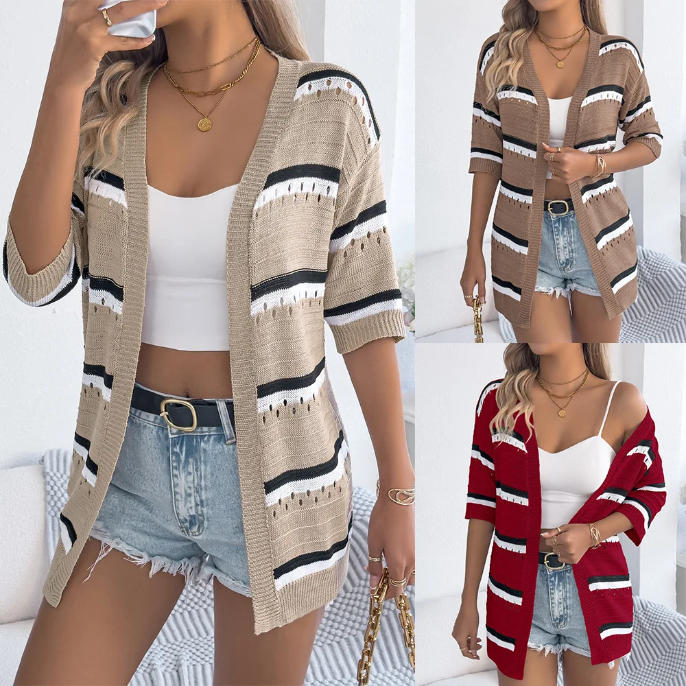 

Women's Striped Hollow Sleeve Cardigan Spring Summer Leisure Independent Station Holiday Sweater