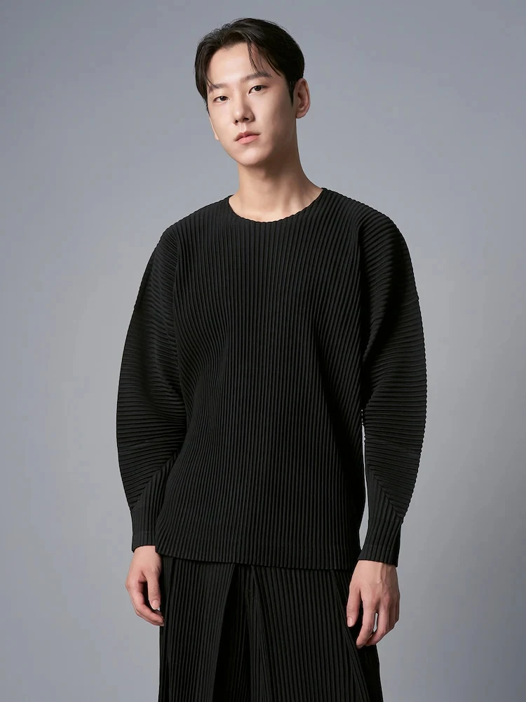 Miyake Pleated Shirt Oversized Round-Neck Long Sleeve T Shirt Casual Loose Men's Top