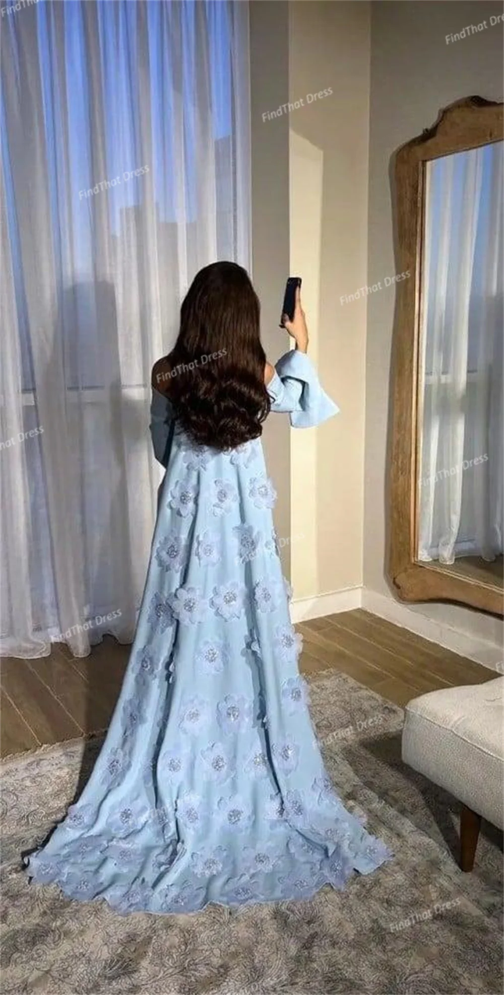 Robe de soirée fourreau en dentelle, personnalisée, superbe col bateau, fleurs 3D, manches longues, longueur au sol, avec balayage Court, robe saoudienne