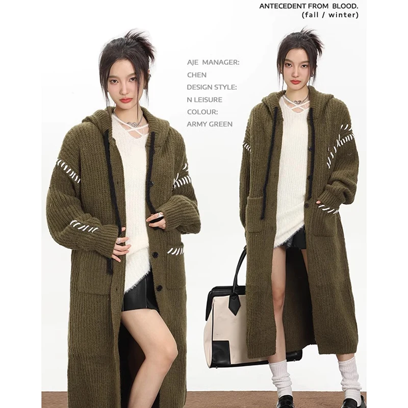 

New Fashion Women Sweaters 2023 Autumn Winter Single Breasted Thick Hooded Long Sleeve Tops Coat Knitted Cardigan