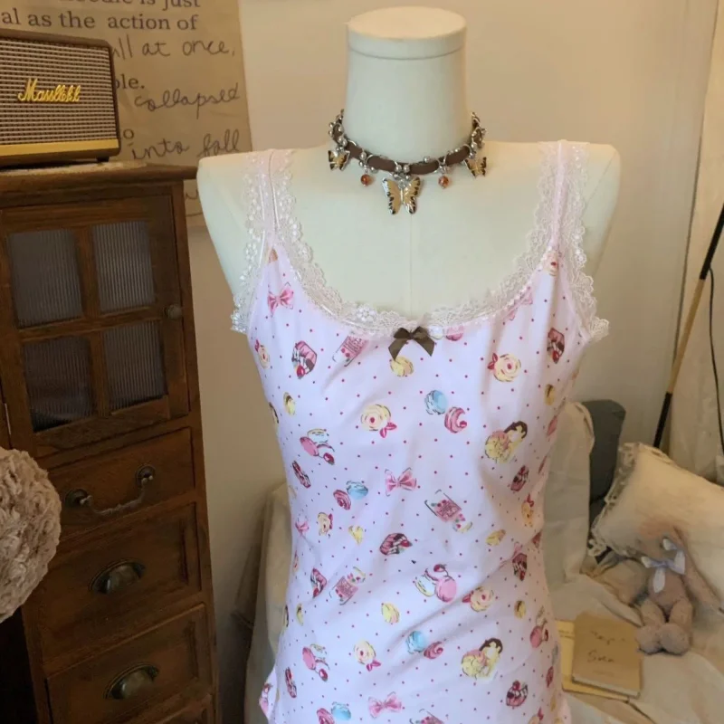 Cake Sweet Lovely Print Women's Clothing Lace Bow Sling Slim All-match Tanks Minority Y2k Goth Hop Casual Moda Tees