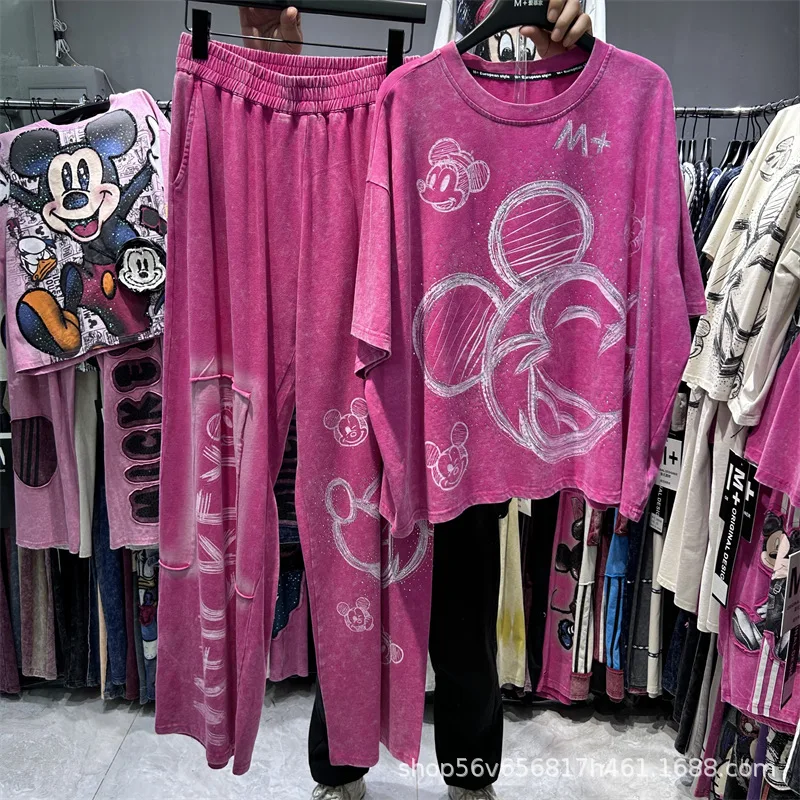 

American Diamond Drills Washed Hand-painted Cartoon Loose Short-sleeved T-shirt Tops Elastic Waist Wide-leg Pants Two Pieces Set