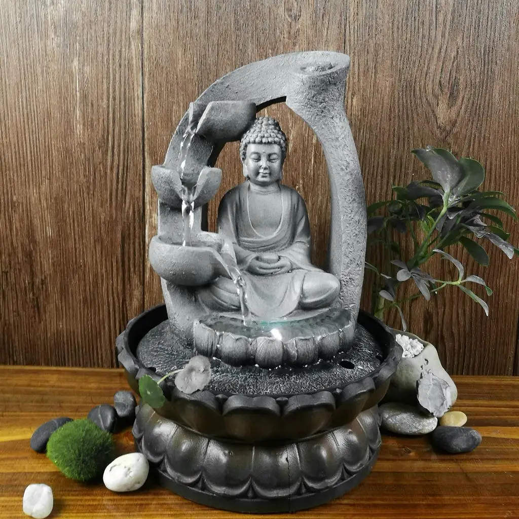 Indoor Waterfall Fountain Office Tabletop Relaxation Fountain View With LED Light Lucky Feng Shui Buddha Statue Figurines