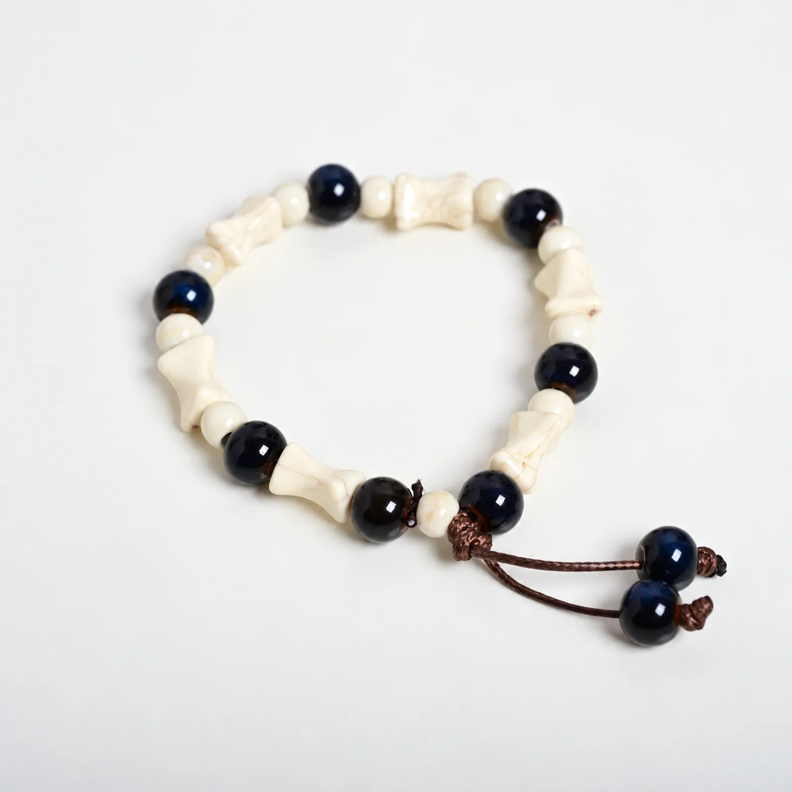Handmade Ceramic Bead Bracelet with Acrylic Bone Beads Handwoven Waxed Cord Stretch Jewelry Artisan Crafted 609P3-12