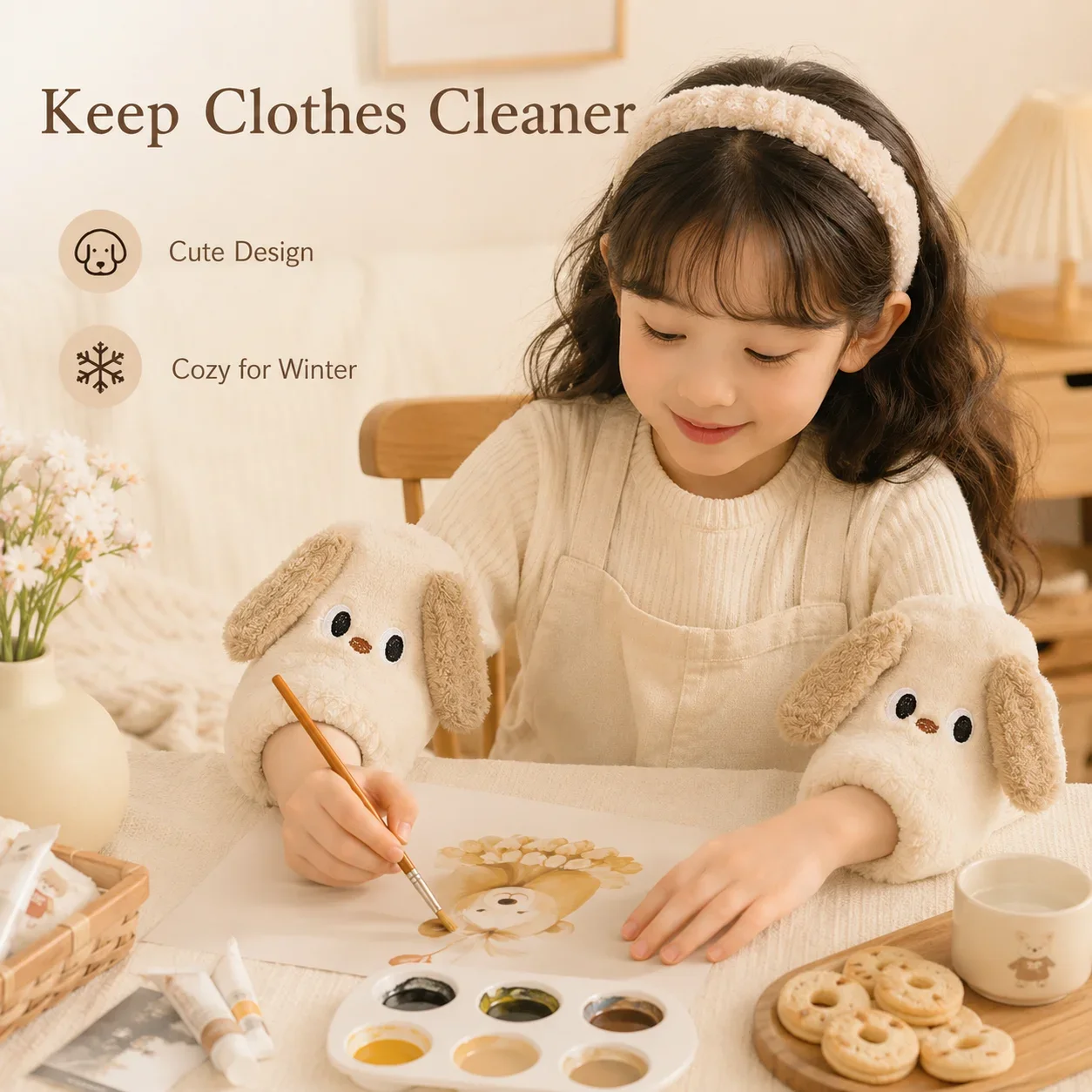 Adorable Dog Plush Sleeve Covers, Soft Fluffy Arm Protectors for Children, Winter Jacket Cuff Guards, Washable