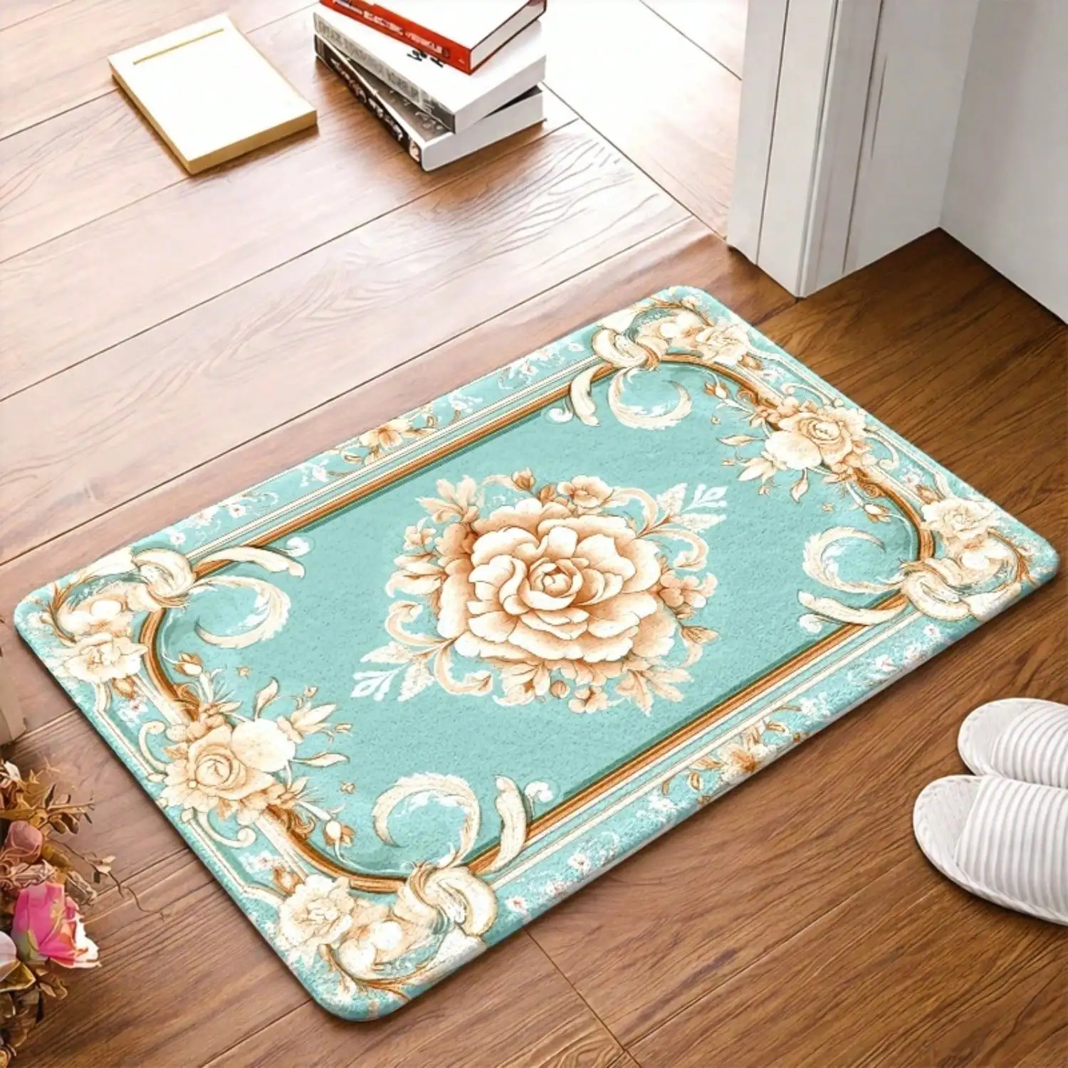 1pc, Vintage French Floral Non - Slip Mat, Flannel + Rubber Bottom Durable Stain - Resistant Machine - Washable, Universal For Bedroom, Living Room, Office