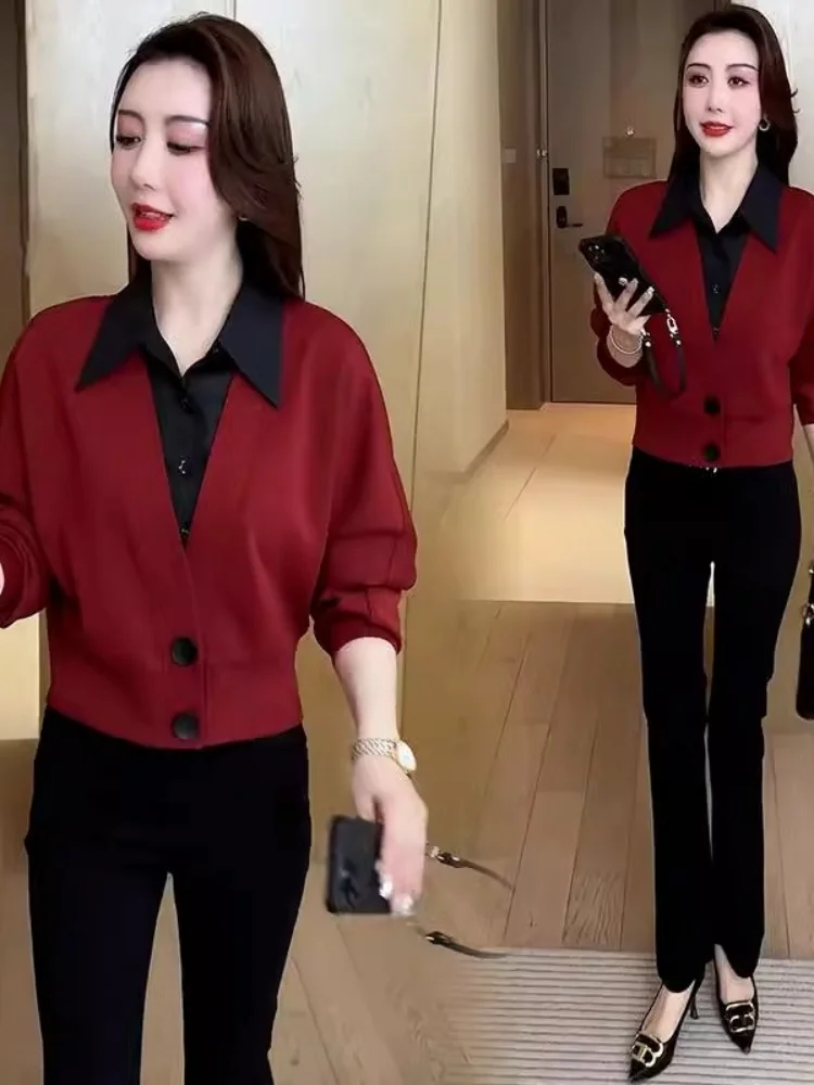 Fashionable Fake Two-Piece Long Sleeve  Collar Shirt Women's Spring New Style Slimming Splice Top Quality Polyester Fiber