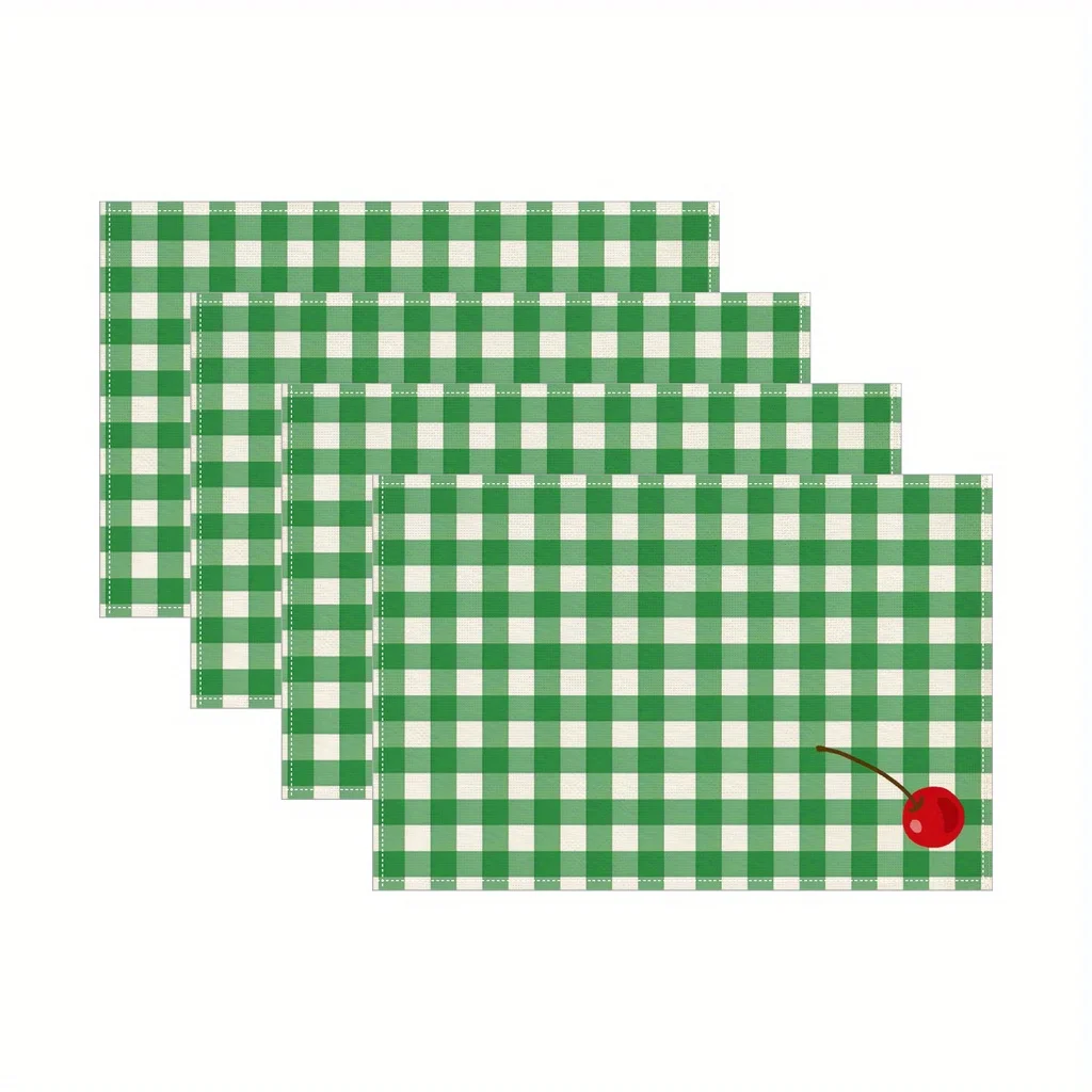 Set of 4 Plaid Check Placemats, Featuring a Red Cherry in the Center Ideal for Outdoor Picnics The Green and White Base