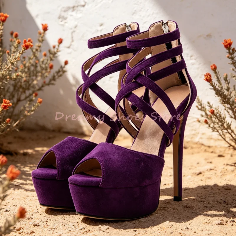 Red Suede Cross Strap Back Zipper Platform Sandals Women Open Toe Cover Heel Thin High Heels Fashion Nightclub Party Lady Shoes