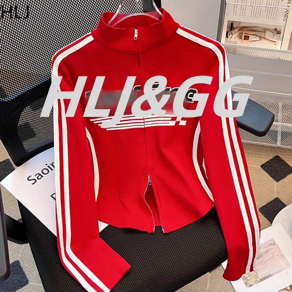 

HLJ Y2K Fashion Letter Striped Printing Slim Tops Women Stand Collar Long Sleeve Zipper Tops American Retro Y2K Streetwear 2025