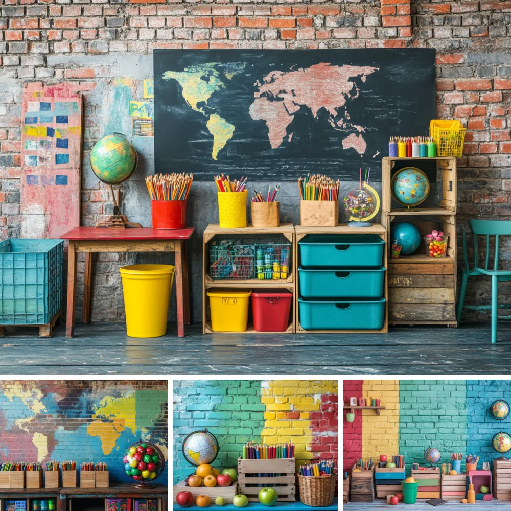 Back to School Theme Party Backdrop Photography Chalkboard Locker Classroom Background Colorful Stationery Photozone Studio
