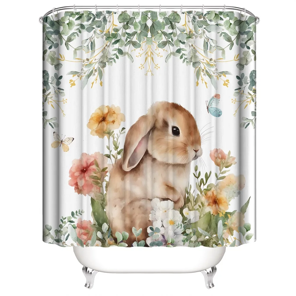 1PC, Garden rabbit, modern home bathroom waterproof shower curtain, 12 plastic hooks, 71in*71in