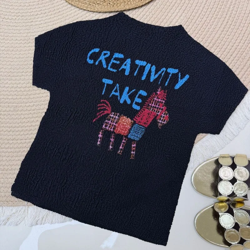 Miyake Pleated T-Shirt New 2026 Original No-Punch Top Pony Print Regular Shoulder Slim Fit Short Sleeve High Elasticity Women