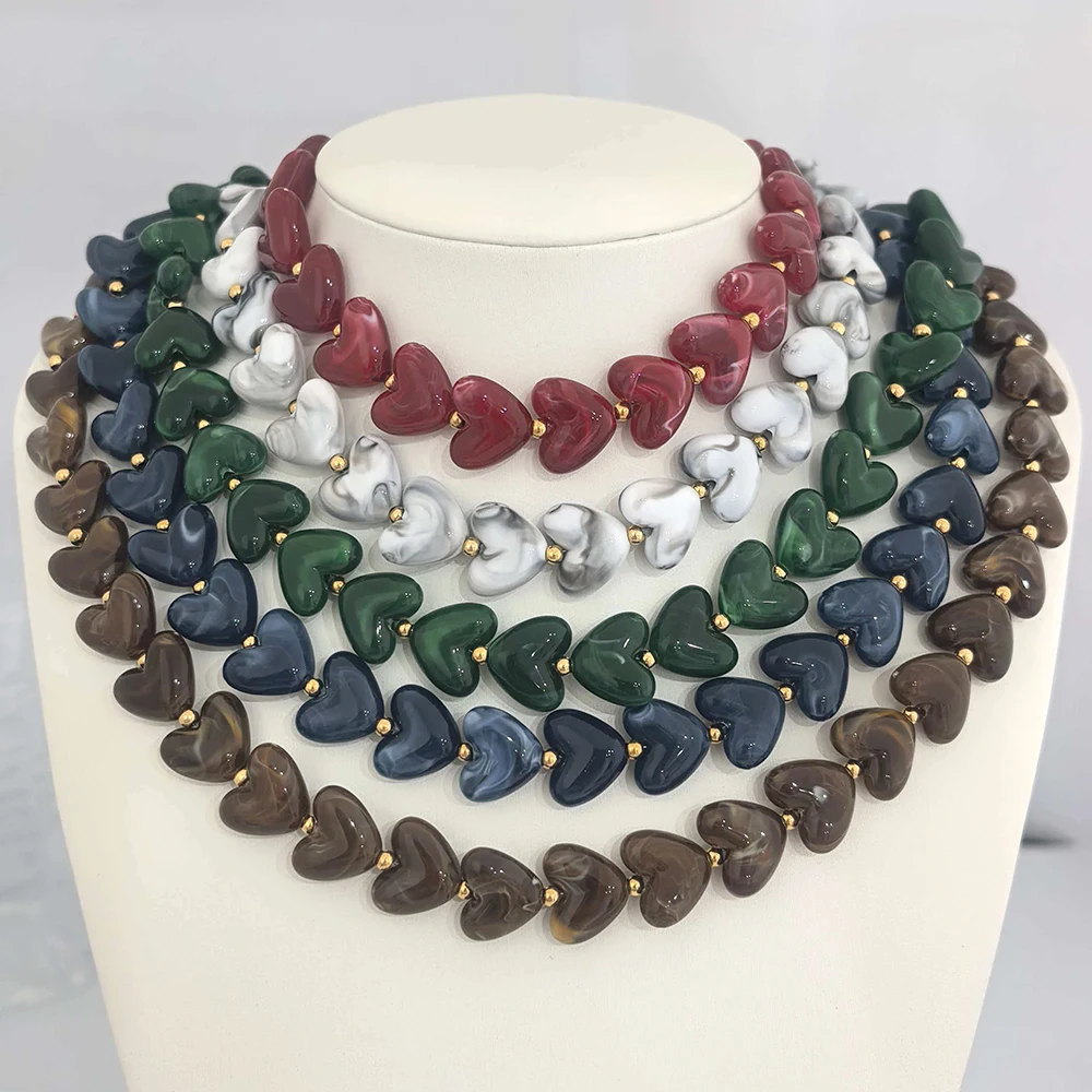 خمر الحب الراتنج القلب قلادة المرأة المختنق الذهب اللون الخرز الفولاذ المقاوم للصدأ الأبيض الأحمر الأخضر القهوة مقاوم للماء Diy بها بنفسك الشتاء