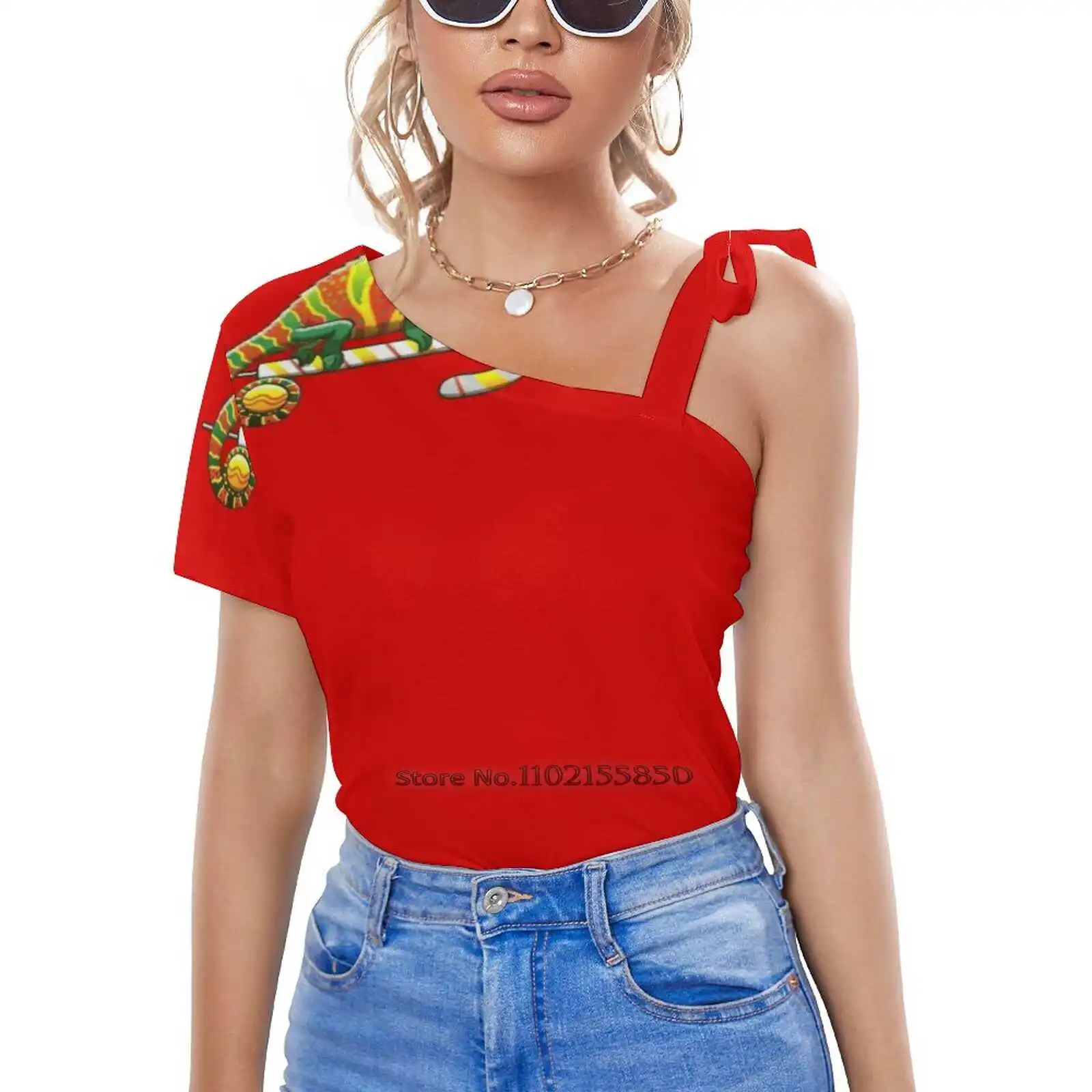 Christmas Chameleon Women V Neck T-Shirt Casual Sexy T Shirts Hollow Out Zipper Pullover Top Xmas Chameleon Disguised For