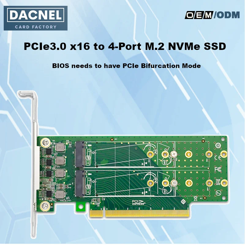 

PCIe4.0 x16 to 4-Port M.2 NVMe SSD Adapter 2242/2260/2280/22110mm (BIOS Needs PCIe Splitting Support)