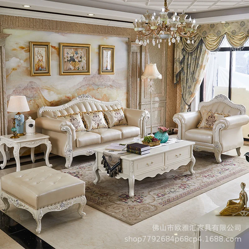 European Solid Wood Carving Flower Sofa Living Room Leather Sofa Villa Small Apartment French Simple European Sofa Double