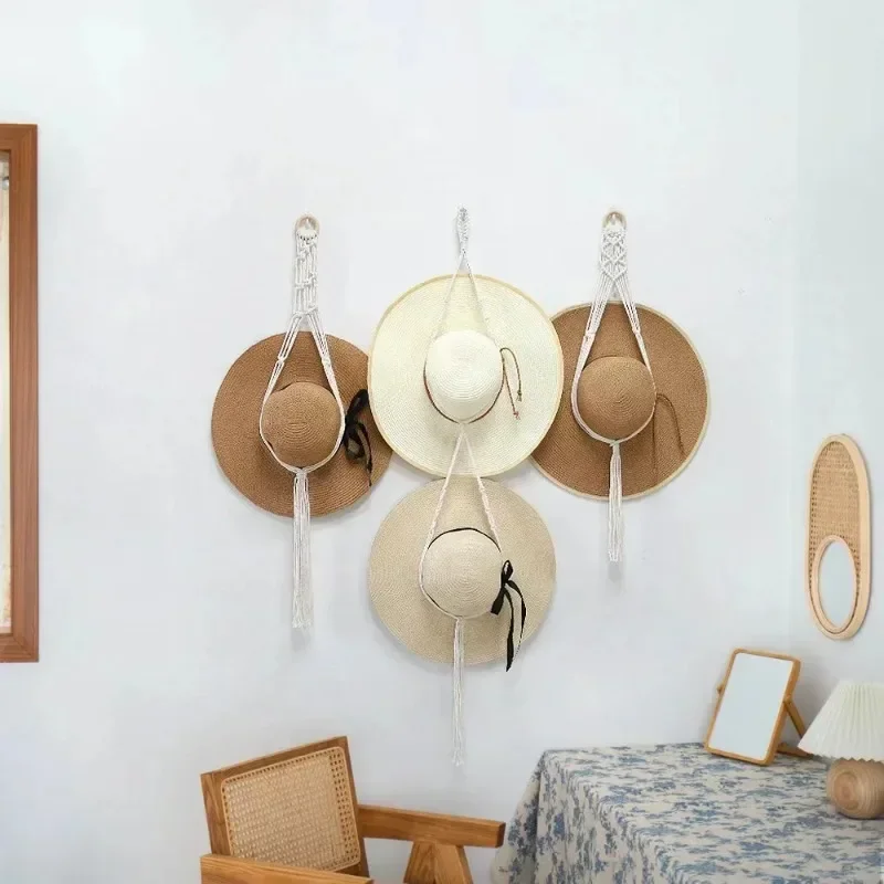 Nordic Style Boho Cotton Hanging Caps Holder Organizer Display Hat Scarf Organizer Rack Macrame Tapestry Hat Hanger Wall Storage