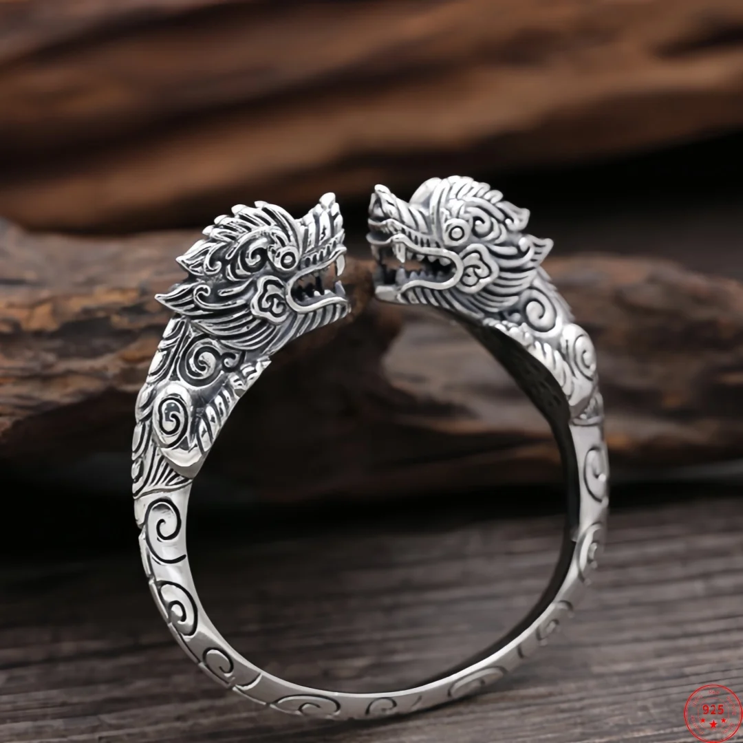 New S925 Sterling Silver Charms Bangle for Men Women Antique Double Loong Head Bracelets Punk Fashion Fine Choice Jewelry