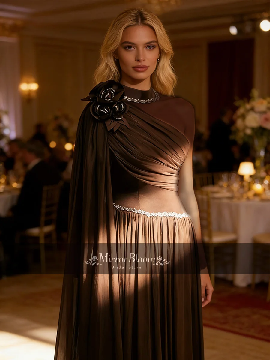 

Elegant Formal Evening Party Prom Gown Brown High Neck Floor Length Dress High Neck Long Sleeve Beaded Chiffon Customized