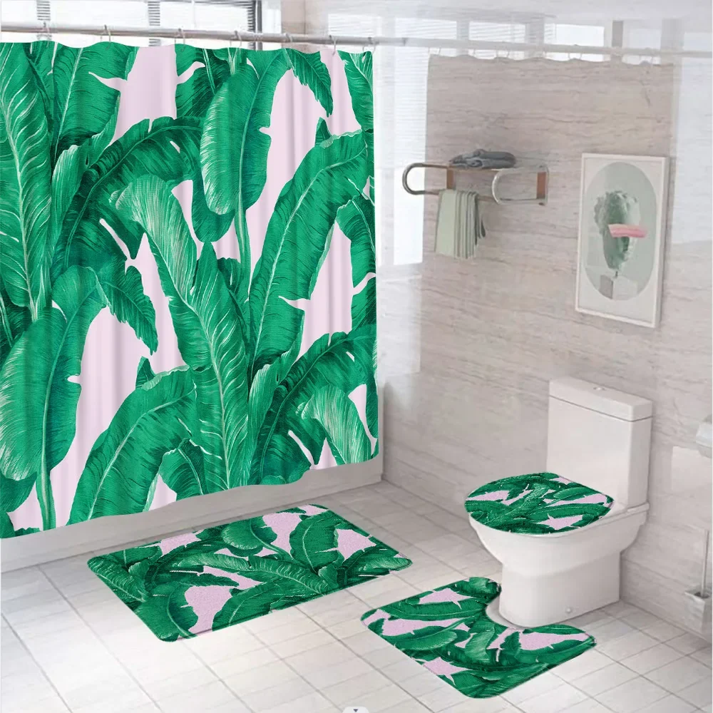 Tropical Green Banana Leaves Bathroom Set Fabric Shower Curtain Rug Bath Mat Lid Toilet Cover Summer Plant Bathtub Curtains Home