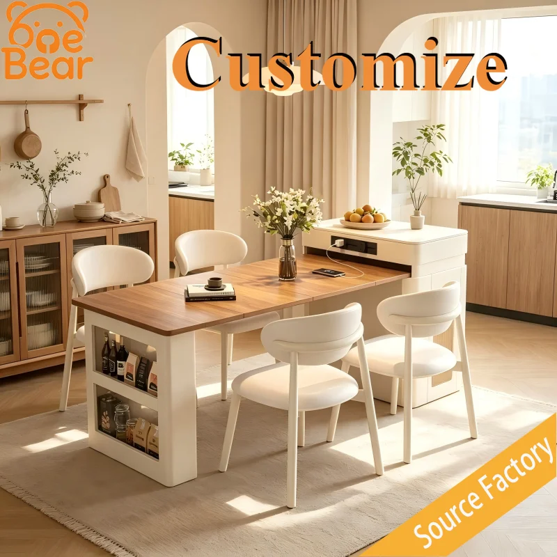 Multifunctional Extendable Solid Wood Dining Table for Small Space, Cream Style Open Storage, Compact Table for Home Dining Room