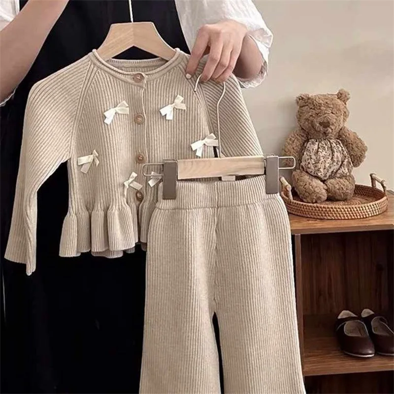 2025 New Arrival Children's Sets for Girls Long Sleeve Knitted Cardigan Top with Trendy Design and Two Pieces for Kids