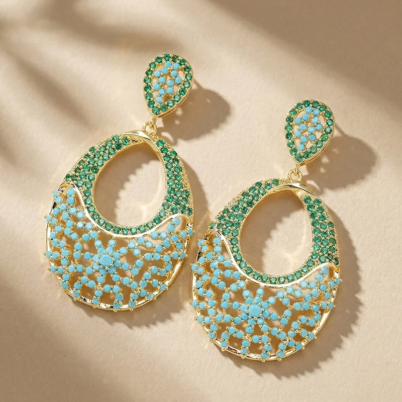 

Vintage Bohemian Turquoise & Emerald Green Crystal Drop Earrings Large Hollow Filigree Teardrop Dangle Ethnic Statement Jewelry