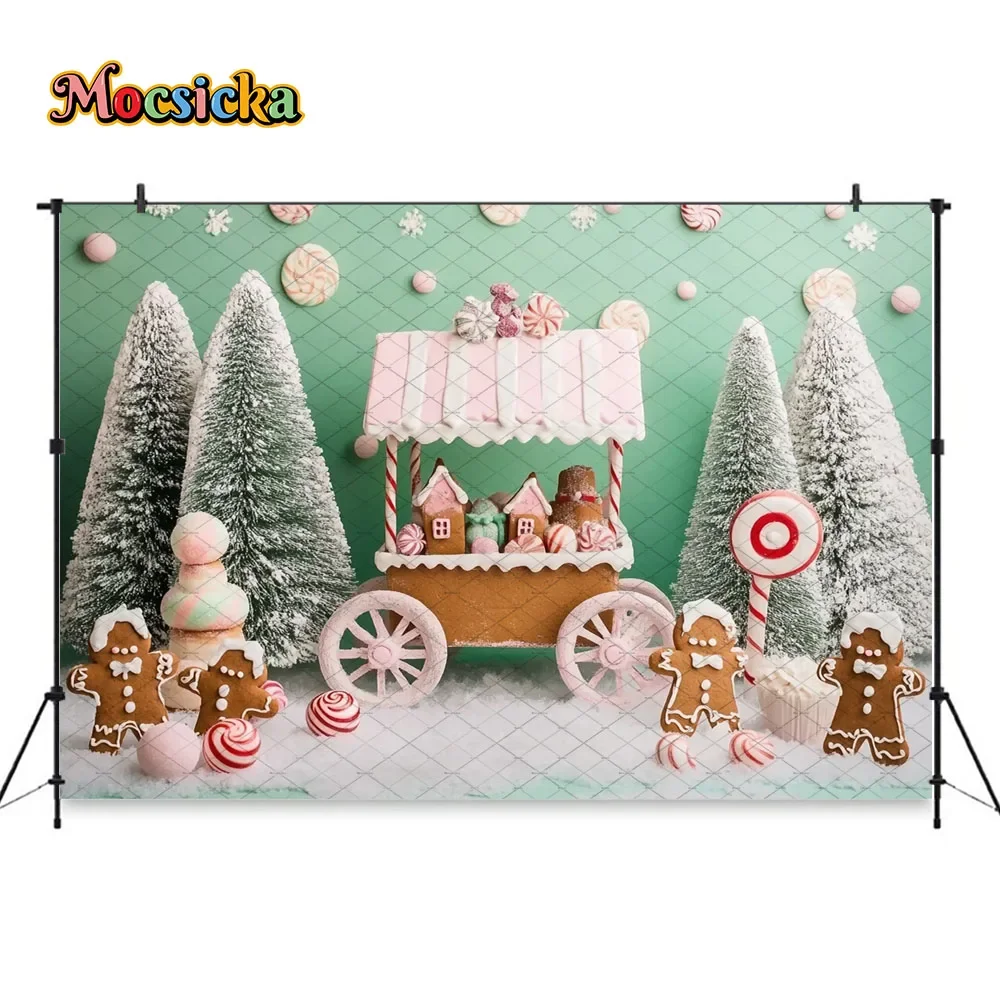Mocsicka Christmas Candy Cane Cart Background for Girl Birthday Photoshoot Gingerbread Snowy Xmas Tree Backdrop Winter Photozone