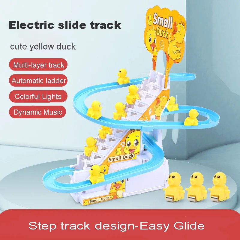 Kids Electric Small Duck Climbing Stairs Toy DIY Track Slide Roller Coaster Toys Set Light Music Boy Girl Gift