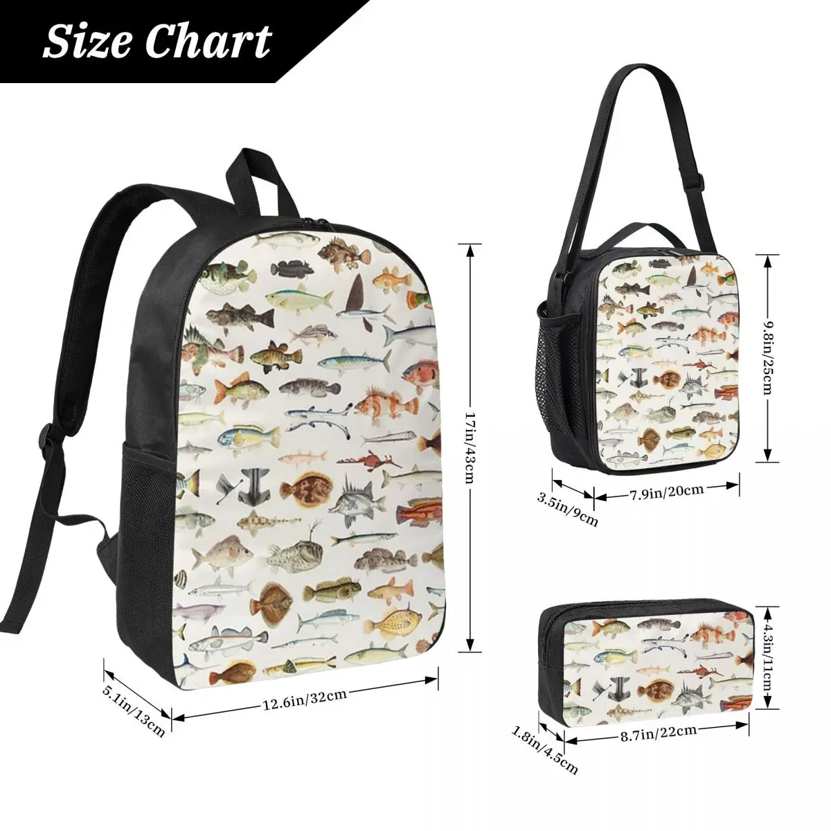 Fish Chart Backpack Student Boys Girls BookBag School Bag Laptop Shoulder Bags 3ps Insulated Lunch Bag Pencil Case