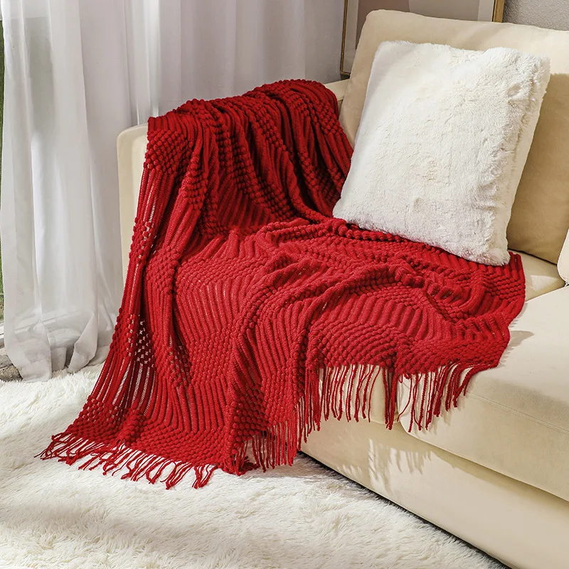 Christmas Gift Red Throw Knitted Blankets with Tassels Textured Boho Throws Gift Blankets Bedspread Cozy Bohemian Throw Blanket