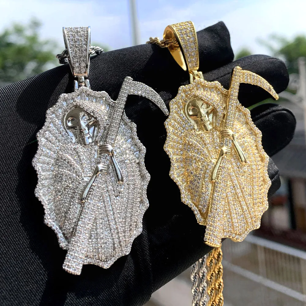 2023 New Death Pendant Necklace Iced Out Bling CZ Paved The King of Terrors Charm Men Women Hip Hop Jewelry