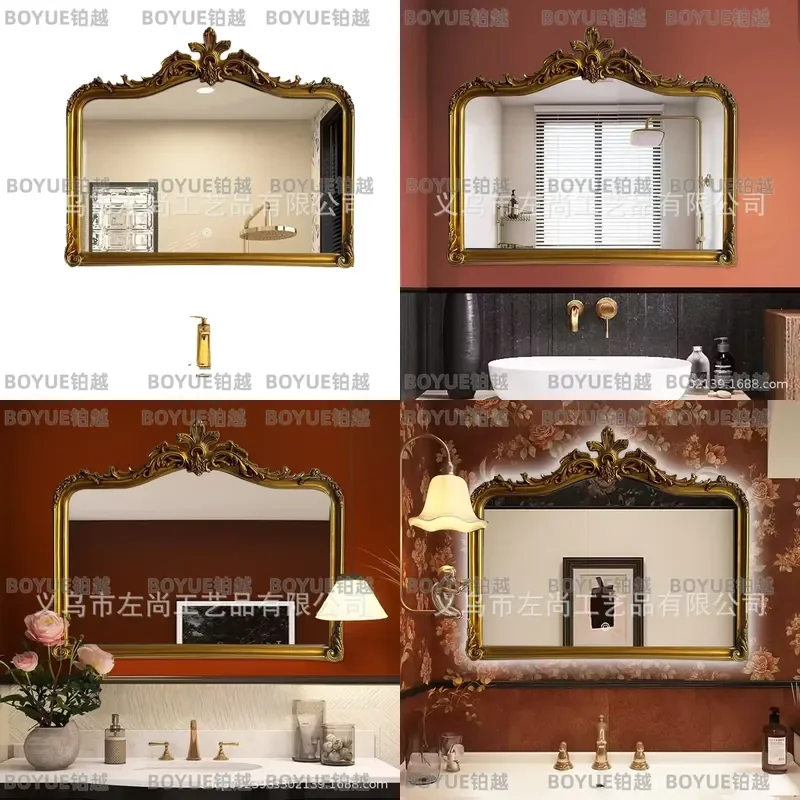 French Retro Large Bathroom Mirror Carved Art Wall Decor Double Basin Vanity Hanging Mirror for Toilet Home Decoration