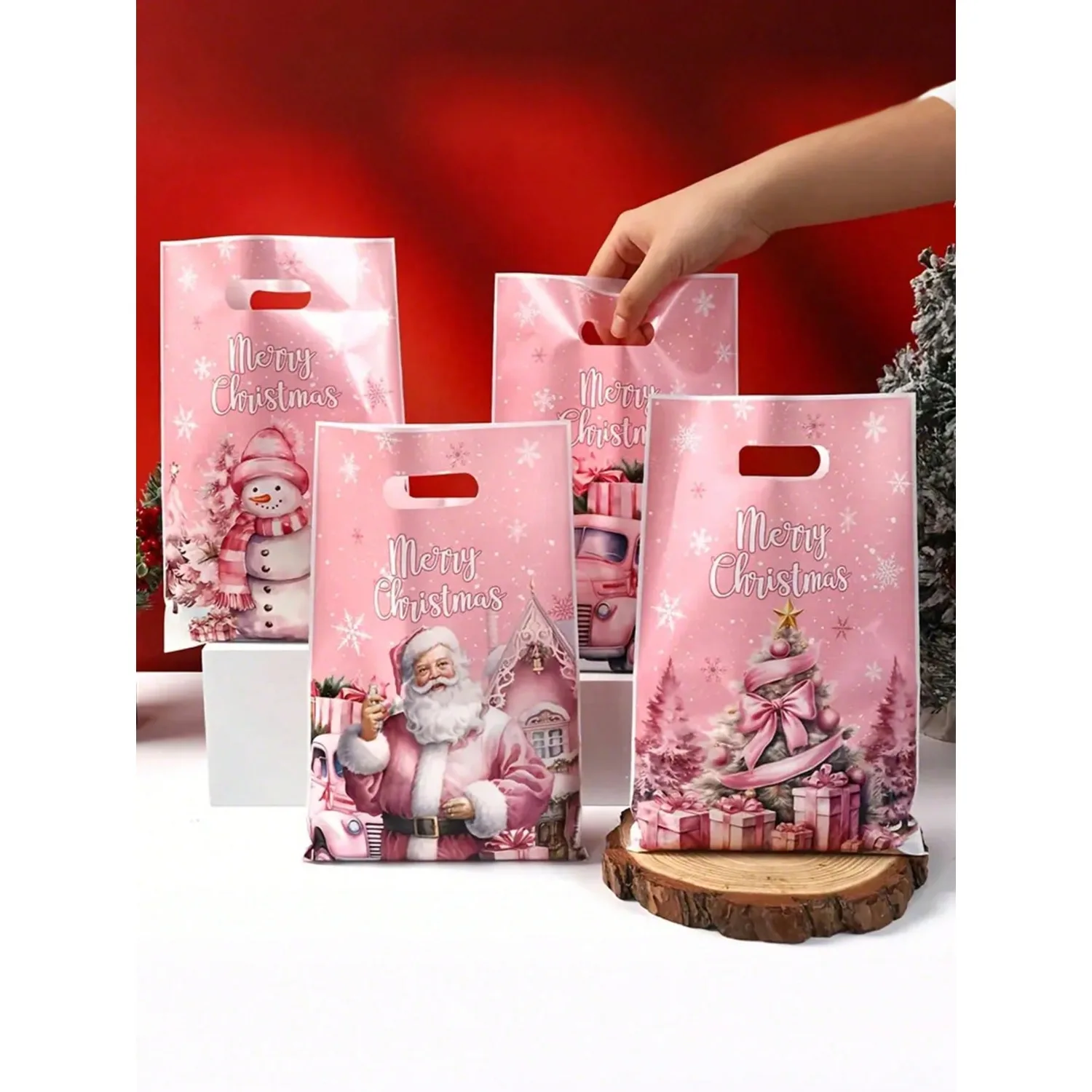 Bella borsa regalo di Natale rosa! Disegni natalizi da 10 x 6,5 pollici sfusi (confezione da 10/25), perfetti per regali di Natale e feste.