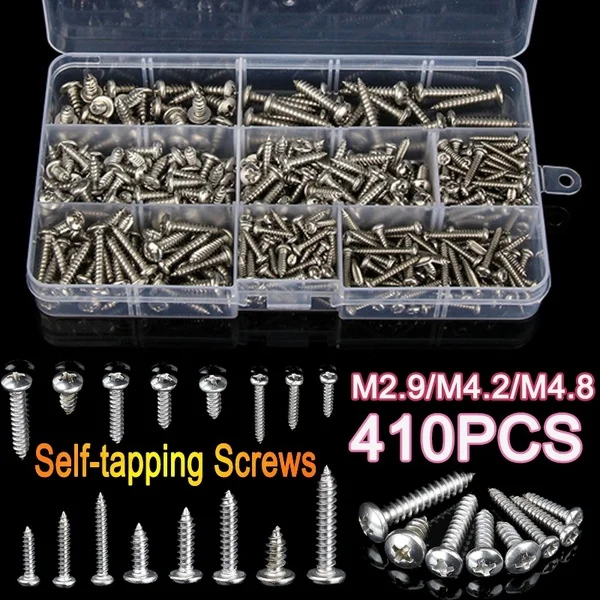 410 Piece Stainless Steel Self Tapping Screw Set (M3/M4/M5 Specifications) Silver Mixed Cross Screw Box