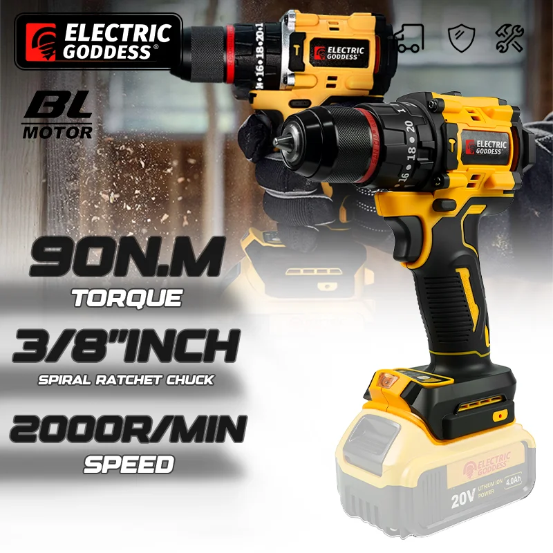 

Electric Goddess 3/8 Inch Brushless Impact Drill Cordless Screwdriver Two-speed Adjustment Power Tool For Dewalt 20V Battery Pin