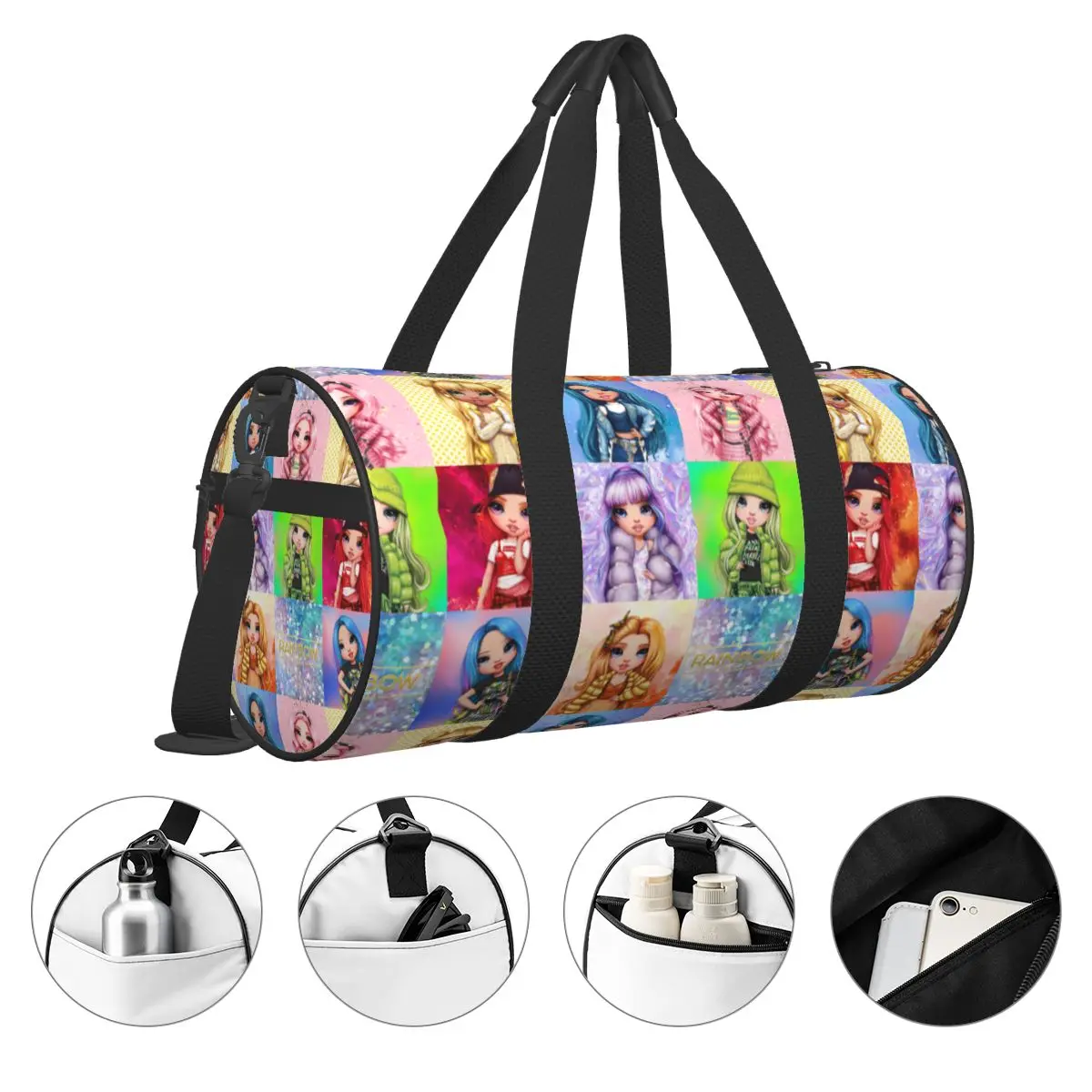 Bolsa de viaje con estampado de arcoíris para niñas, bolsa de gimnasio de entrenamiento de dibujos animados, grande, divertida, deportiva, resistente al agua