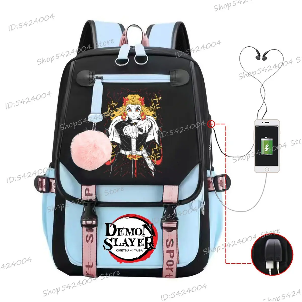 Harajuku Rengoku Kyoujurou Zaino scolastico anime per adolescenti Demon Slayer Bookbag Porta USB Studente Viaggio Comic Bagpack