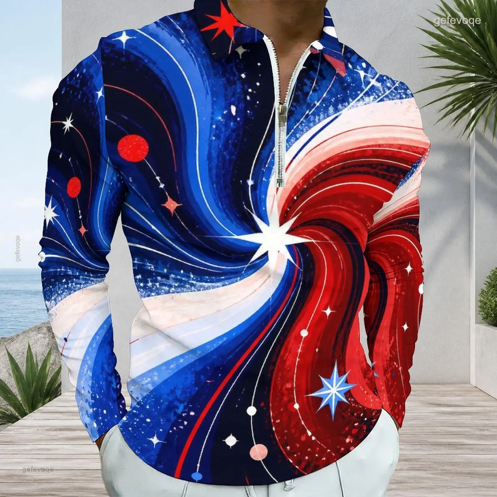 Men Printed Bald Eagle US Flag Pattern Long Sleeve Quarter Zip Collared Polo Shirt
