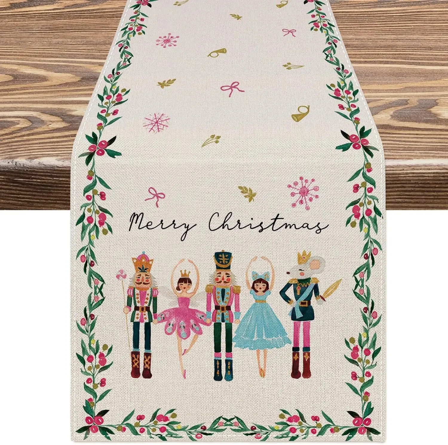 1Pc Christmas Nutcracker Ballet Style Table Runner Beige Floral Border With Merry Christmas Text And Dancing Figures Print Table