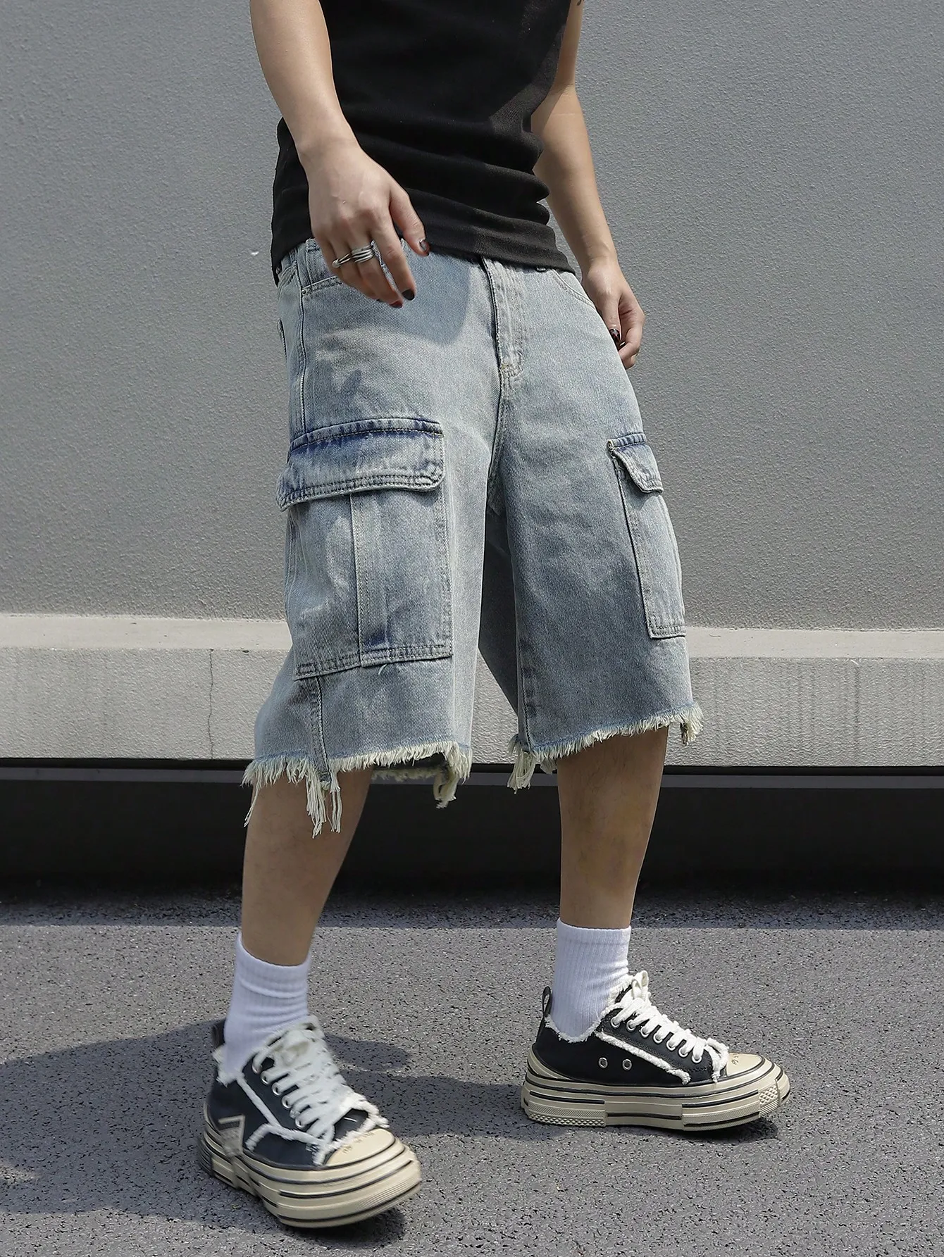 Koreanische Mode Herren weites Bein Denim Shorts Sommer neue Mode lose lässige elastische Taille große Tasche Cargo Herren Jeans Shorts